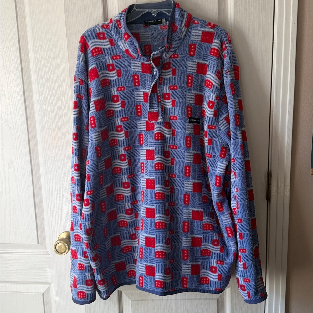 Southern Marsh Blue and Red Fleece Pullover